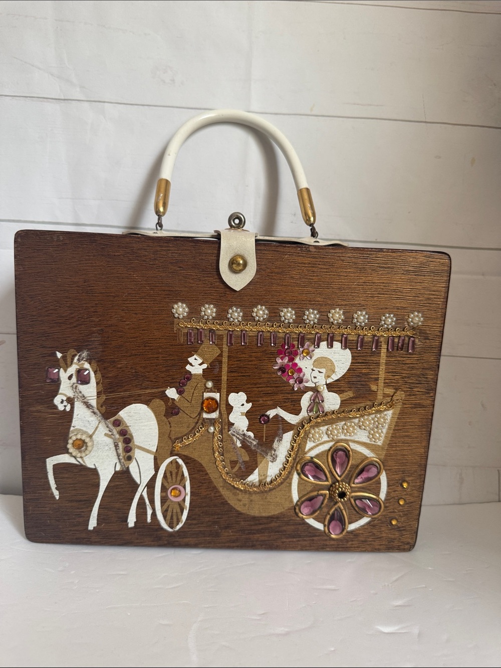Vintage 60’s Embellished -Bejeweled Wooden Victorian Carriage Top-Handle Box Bag